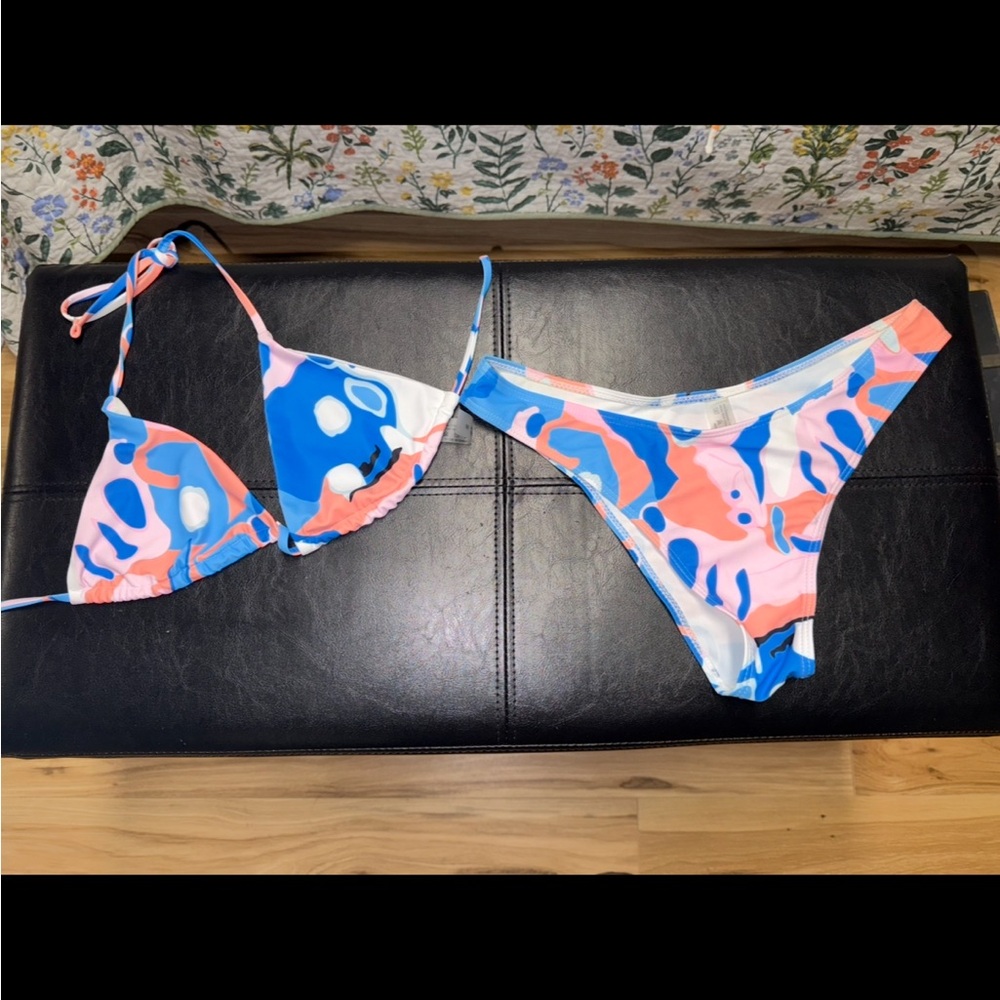 Matching Colorful Abstract Bikini and Trunks Set